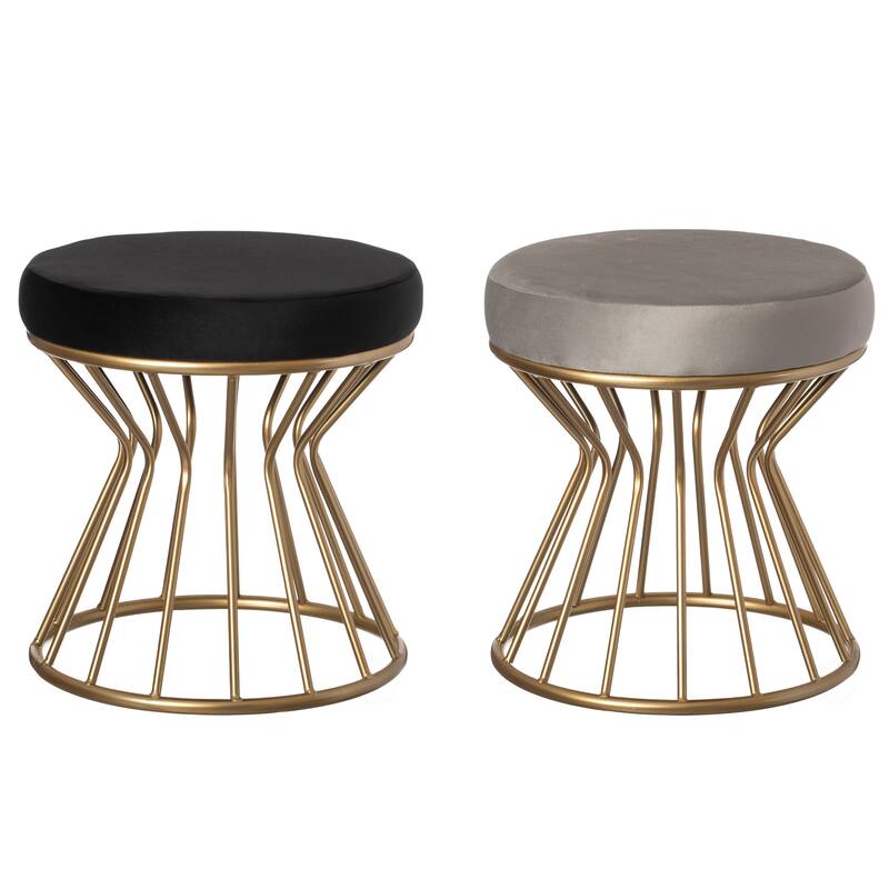 Modern Round Velvet Stool with Bent Gold Metal Base Standard Ottoman