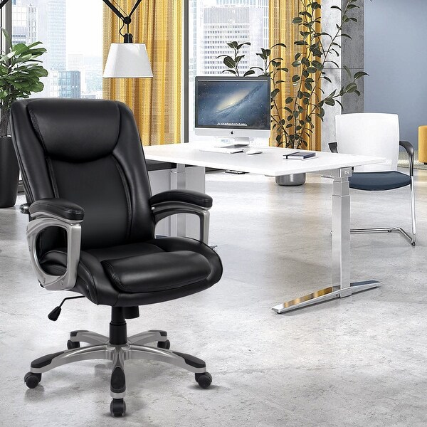 High Back White Leather Executive Swivel Office Chair w/ Built-In Lumbar Support 