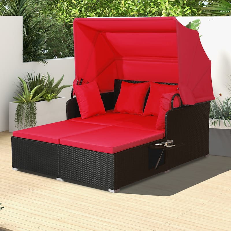 Patio Rattan Daybed Outdoor Loveseat Sofa Set with Retractable Canopy