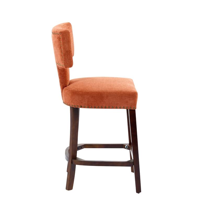 Linen Fabric Curved Backrest Counter Height Bar Stools Set of 2, Upholstered Kitchen Chairs with Nailhead Trim, Solid Wood Frame