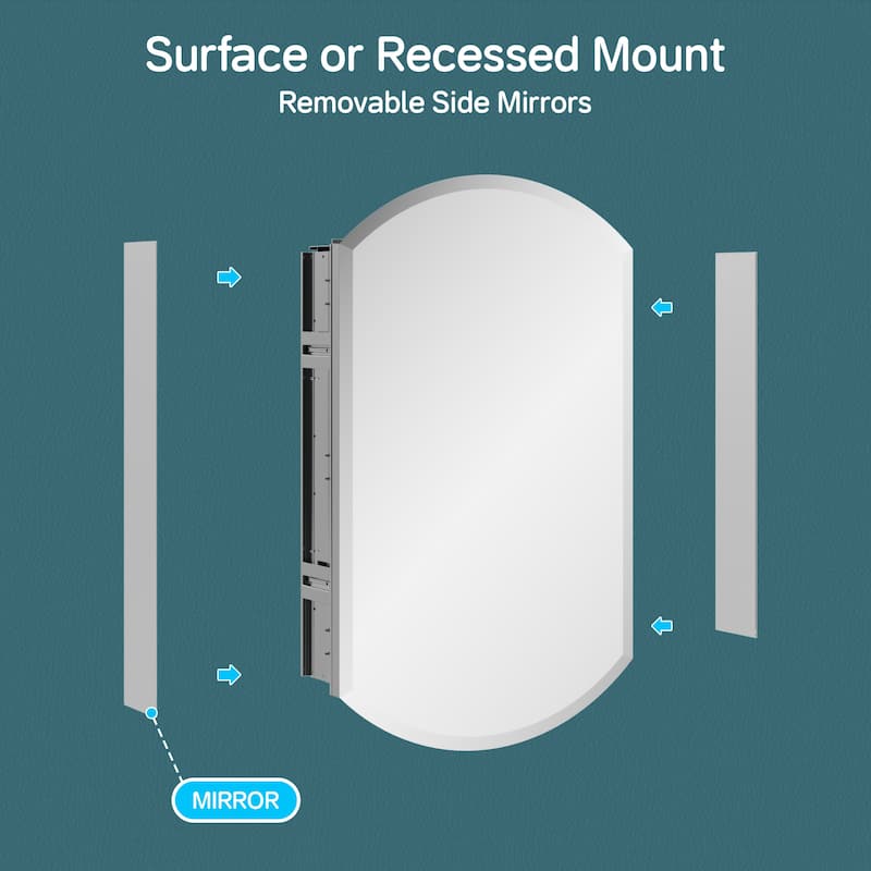 20x32" Tri-View Mirrored Medicine Cabinet, Soft-Close Blum Hinges, Reversible Door, Recess/Surface Mount, Aluminum Body