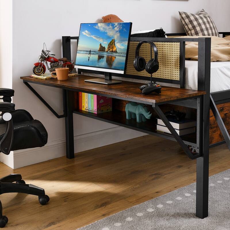 Full Size Metal Loft Bed with Rectangular Desk, LED lights, Storage Shelves and Hanging Storage Compartments
