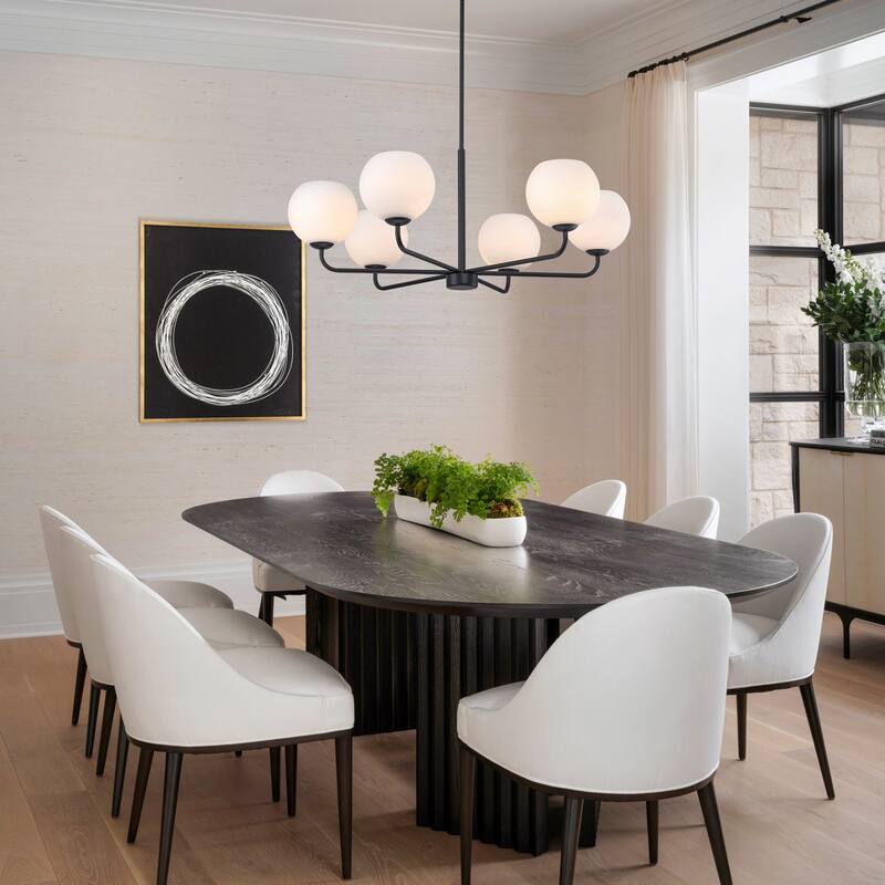 6-Light Black/Gold Modern Large Sputnik Chandelier with Opal Glass Globe