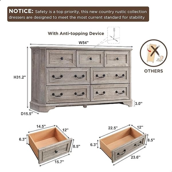 dimension image slide 3 of 19, Farmhouse Drawers Dresser, Wood Chest of Drawers, Dressers Organizer