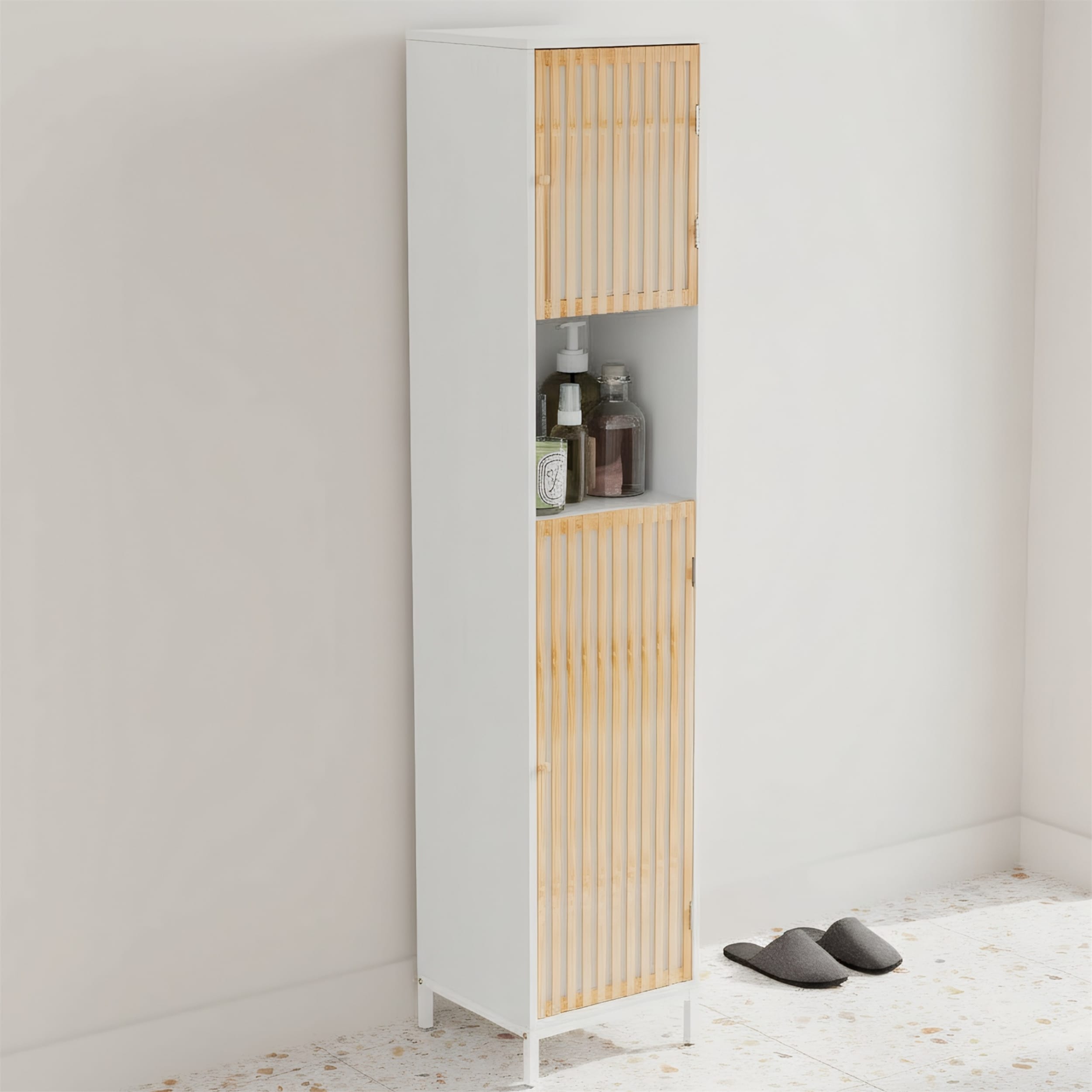 Bamboo Tall Bathroom Cabinet, Adjustable Storage with Slatted Doors