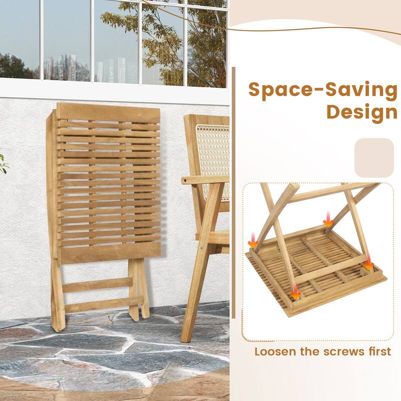 Gymax 3-Piece Patio Bistro Set Teak Wood Square Coffee Table & Folding