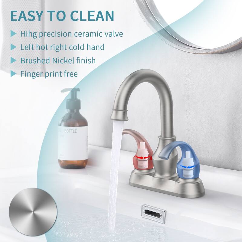 Bathroom Faucet 2-Handle Brushed，360 Degree Rotating Spout,4-inch Centerset Vanity Sink with Pop-Up Drain and Supply Hoses