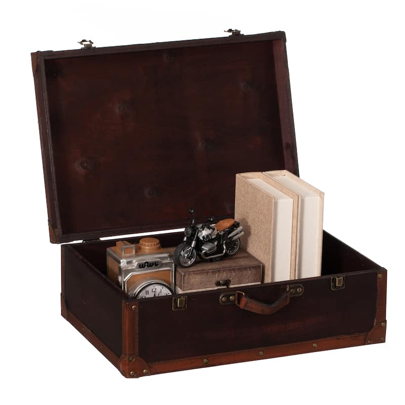 Vintiquewise Cherry Wooden Vintage-style Suitcase with Leather Trim - Exact Color
