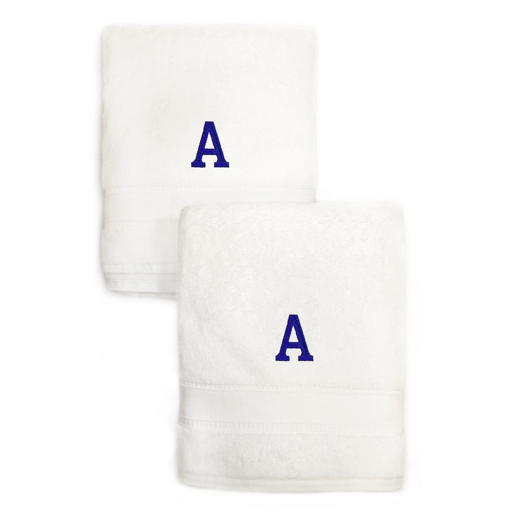 Sweet Kids 2-piece White Turkish Cotton Hand Towels with Royal Blue Monogrammed Initial