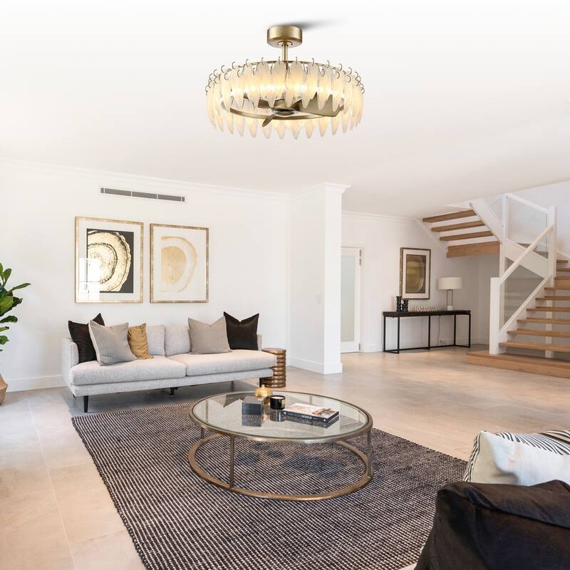 32" Rusted Silver Glass Feather 3-Blade Fandelier Caged Ceiling Fan with Light and Remote