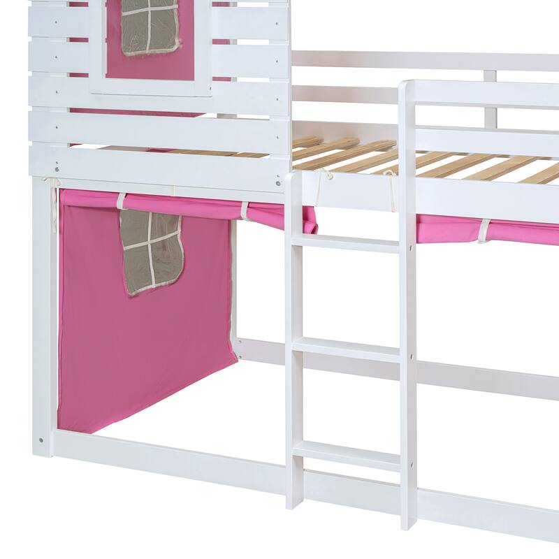 Solid Wood House Bunk Bed with Tent, Ladder and Fence for Kids, Bedroom