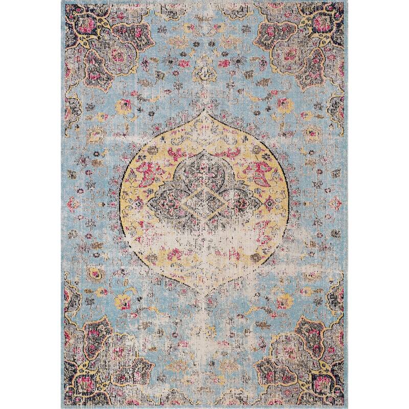 Spring Collection - Blue/Yellow Vintage Medallion Indoor/Outdoor Rug