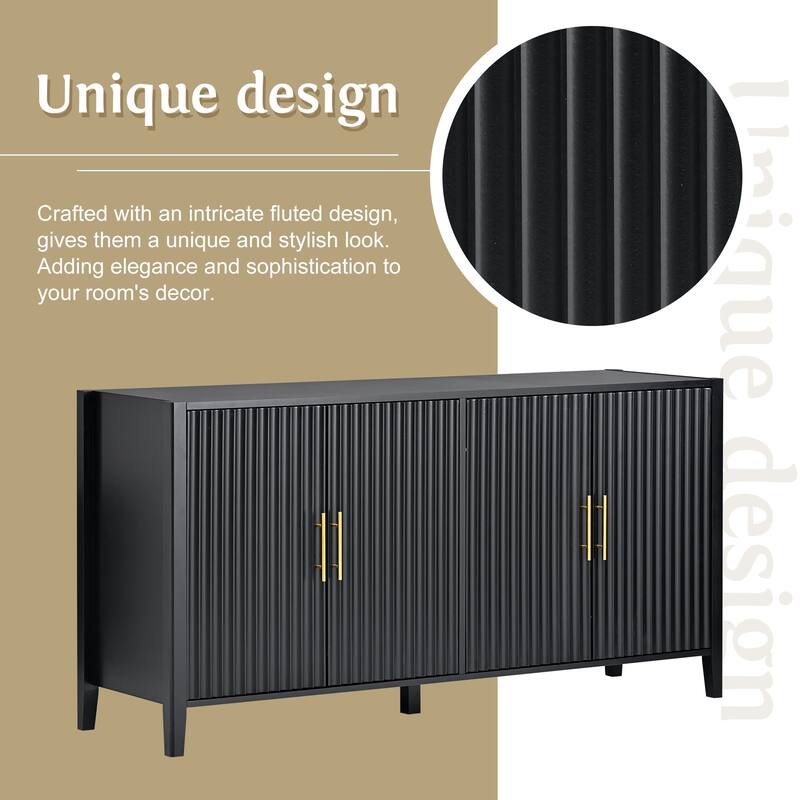 Roomfitters 63.1'' Sideboard Buffet Cabinet with 4 Door Mid-century Modern Fluted Accent Storage for Kitchen & Dining, Black