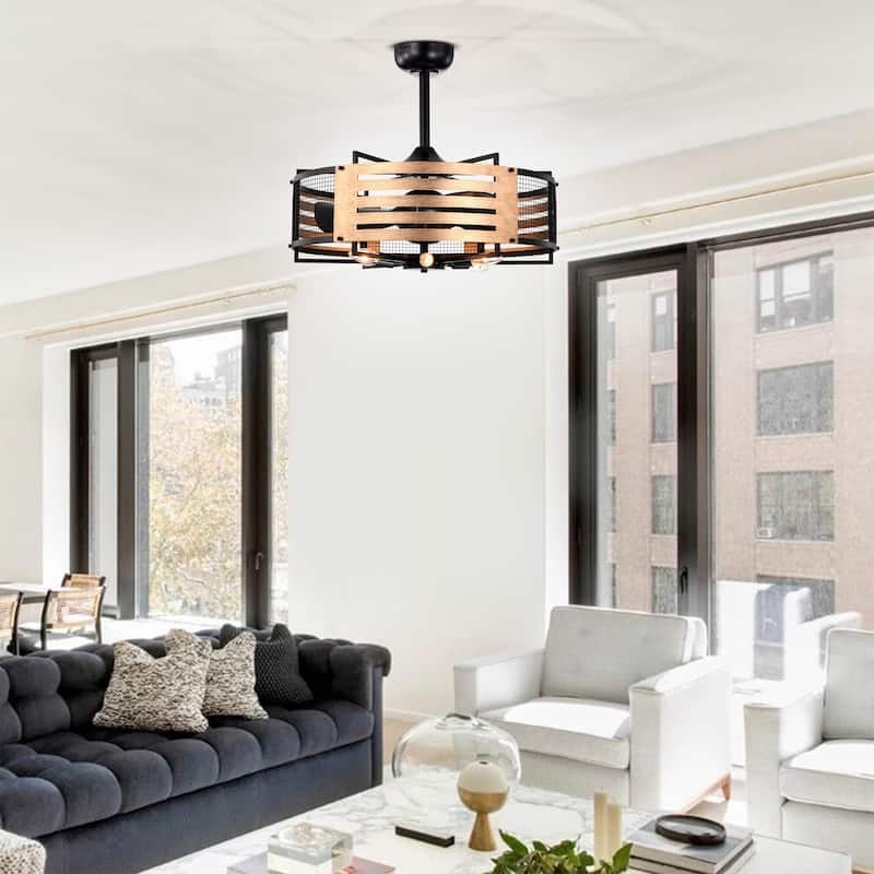 Brixton 26-in. Matte Black Metal and Wood-grain Lighted Fandelier w/ Remote