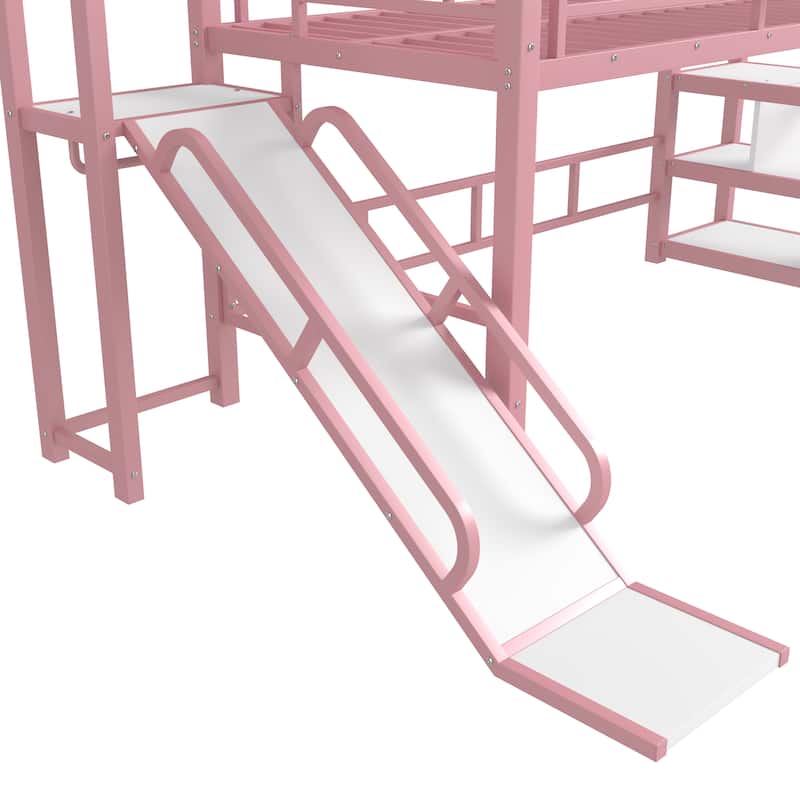 Fun Play House-shaped Loft Bed Metal Bed Frame with Grid and Shelves