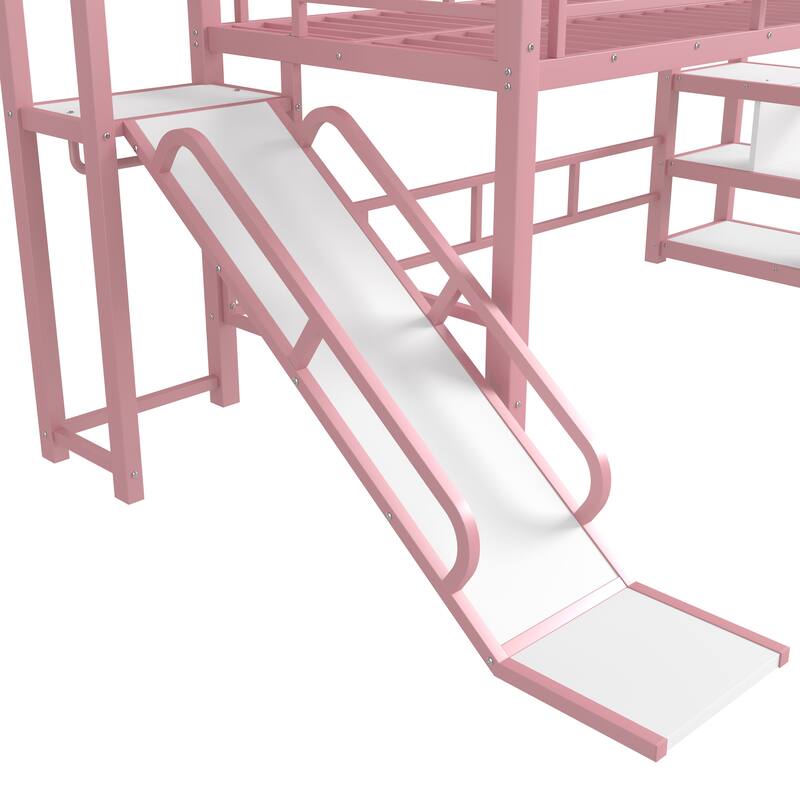 Twin House Loft bed with Slide and Stairs, Metal Playhouse Bed with Storage Shelves, House-shaped Roof and Noise-free Design