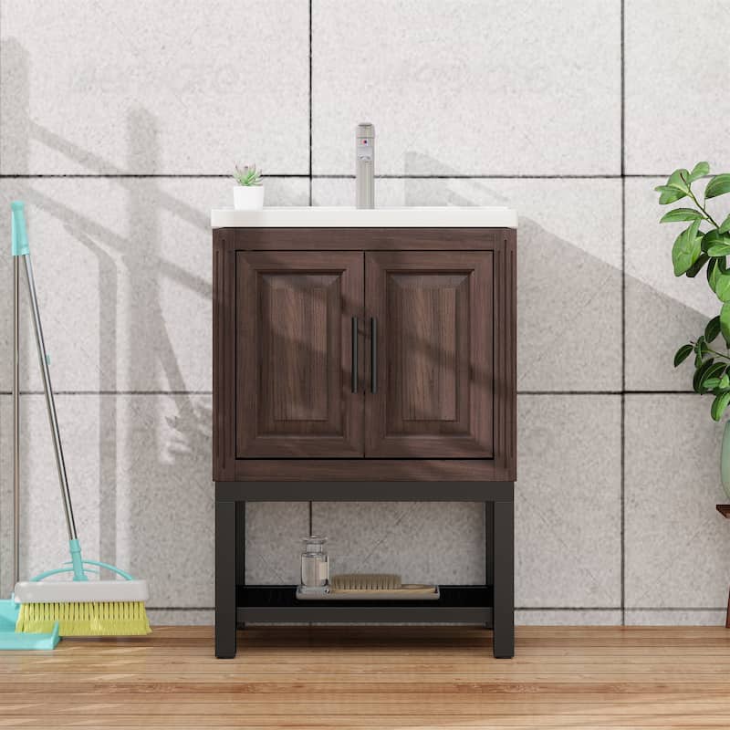 24" Bathroom Vanity with White Ceramic Sink & Hot and Cold Faucet