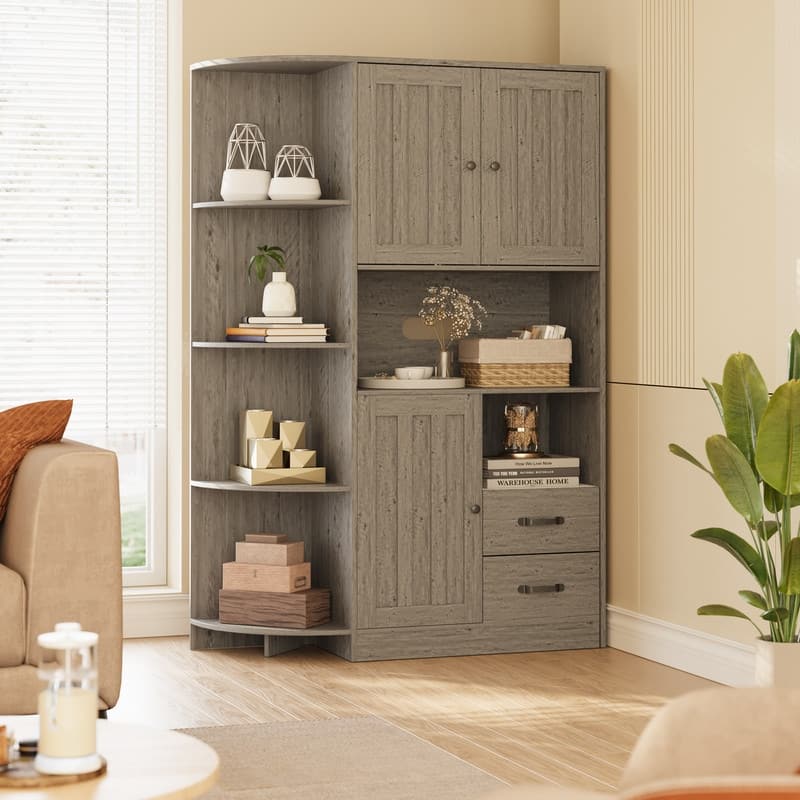 Farmhouse Kitchen Storage Cabinet with Doors and Open Shelves, Buffet Sideboard with Microwave Shelves and Drawers