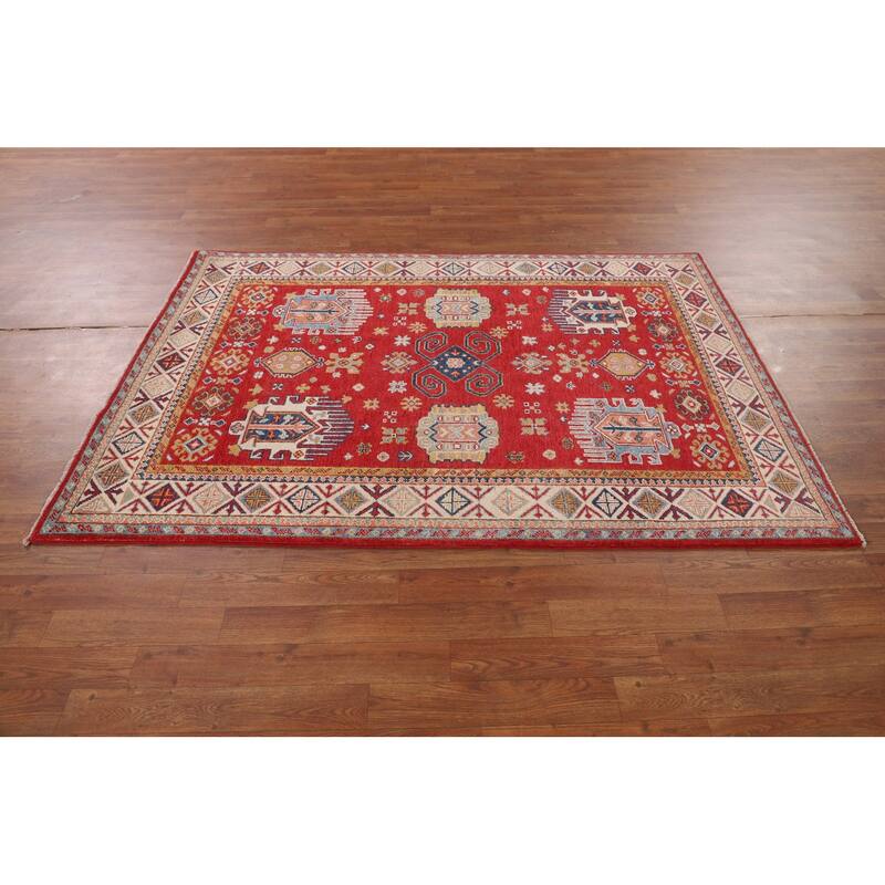 Red Geometric Kazak Oriental Accent Rug Hand-Knotted Wool Carpet - 4'3" x 6'0"