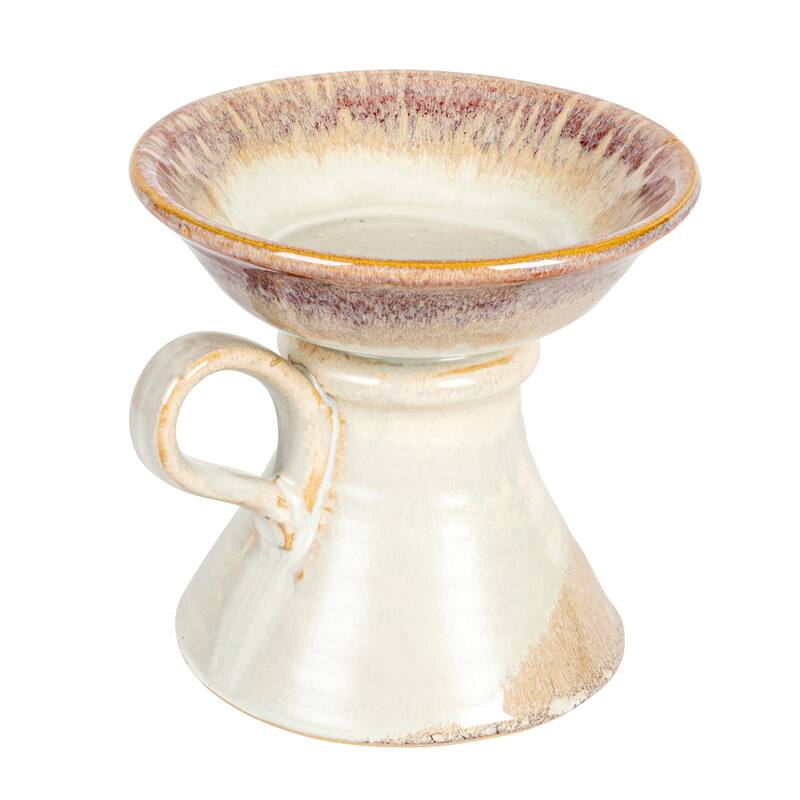 Stoneware Pillar Candle Holder with Handle and Reactive Glaze