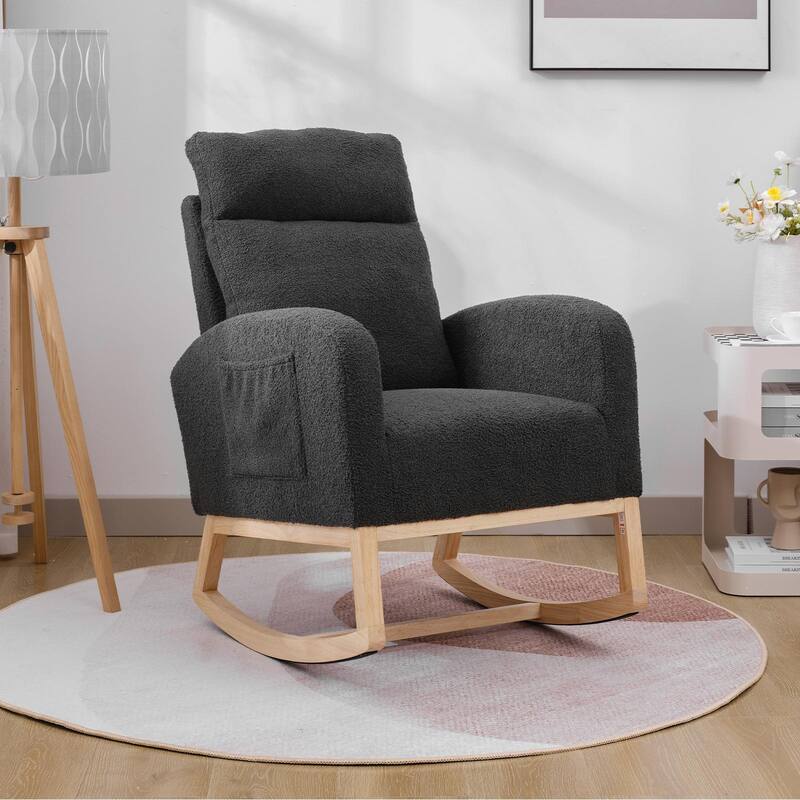 Dark Grey Polyester Wood Rocking Chair with High Back and Side Pocket - 35.43” D x 25.98” W x 40.94” H - Dark Grey