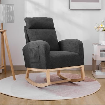 Dark Grey Polyester Wood Rocking Chair with High Back and Side Pocket - 35.43” D x 25.98” W x 40.94” H