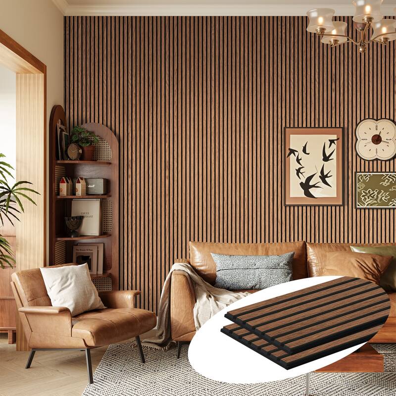 2Pcs Wood Slat Acoustic Wall Panels - 2pcs x 106" x 12.6" - Classic Brown