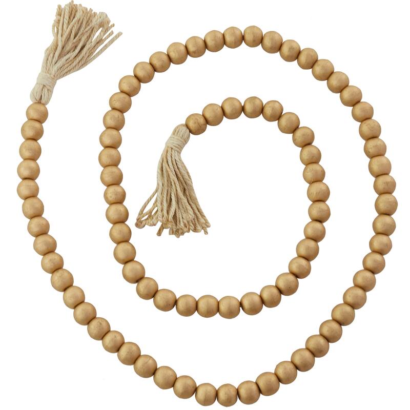 Bohemian Natural Wood Bead Garland with Cotton Tassels - 80 x 1 - Gold - Round
