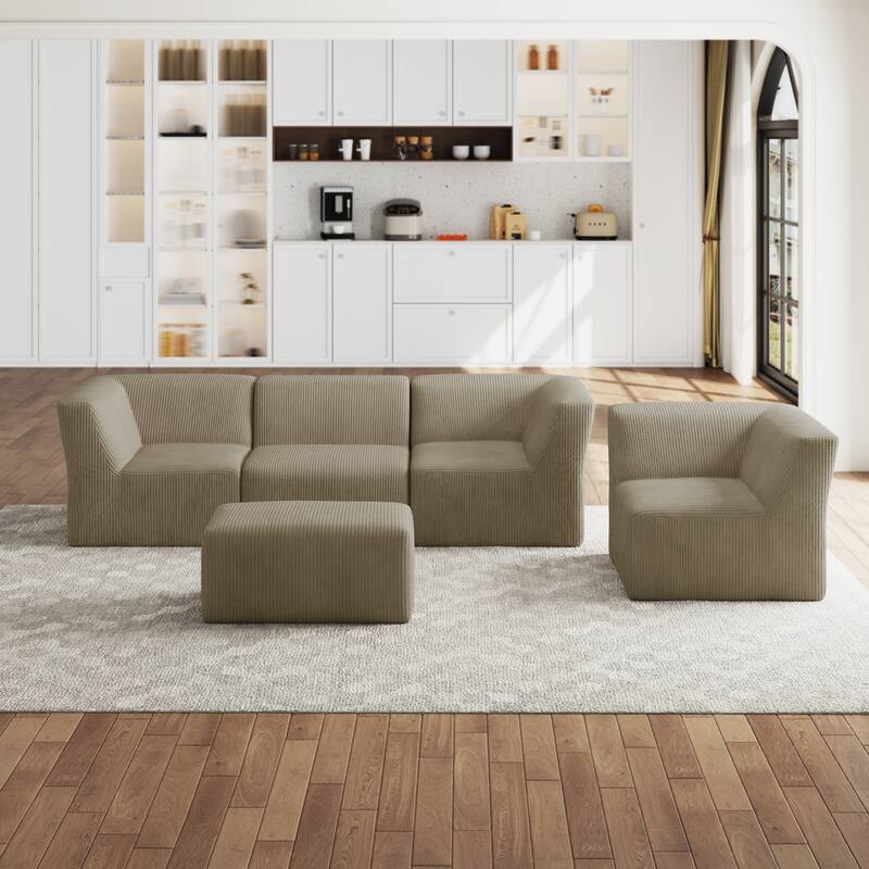 5-Pieces Modular Corduroy Sectional Sofa with Removable Ottoman