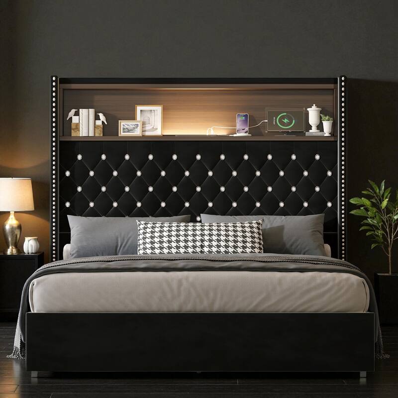 Full/Queen Velvet Tufted Bed Frame with 52" Wingback Headboard, USB Port, Night Light, Rivet Trim & Headboard Shelf
