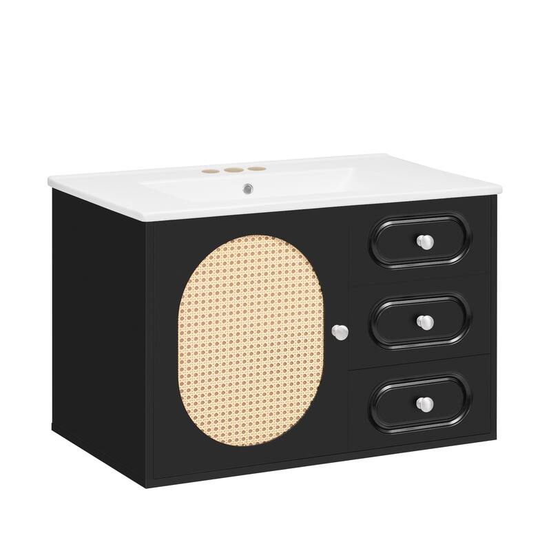 30" Bathroom Vanity with Ceramic Sink, Mid-Century Bathroom Vanity Cabinet with 2 Drawers, with Large Storage Space