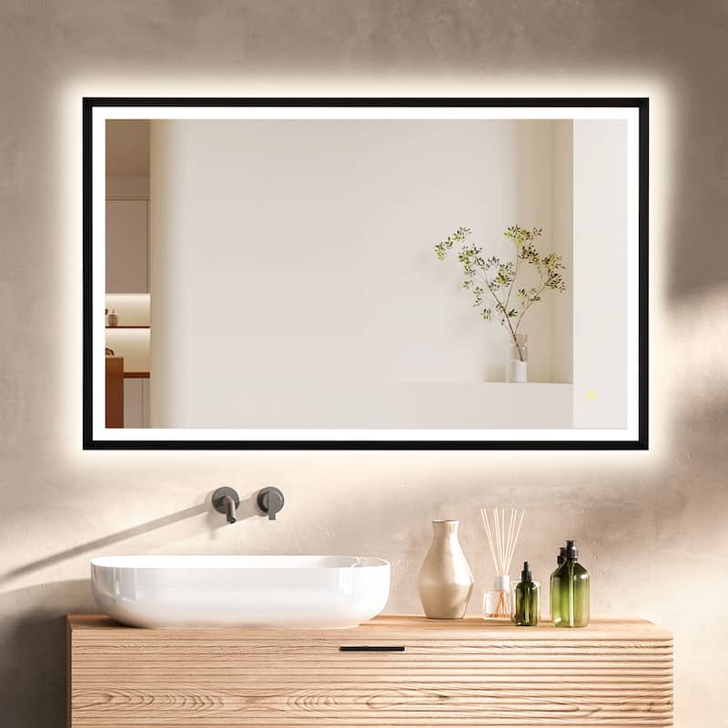 Apollo Rectangular Anti-Fog Dimmable Modern Bathroom/Vanity LED Lighted Wall Mirror in Matte Black Aluminum Framed