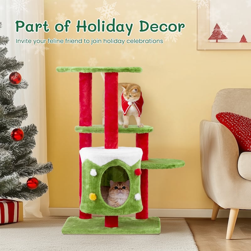 Christmas Themed Cat Tower With Cat Condo, 3-Level Plush Cat Tree Activity Center For Indoor Cats - (27.6 x 23.6 x 32.7) in