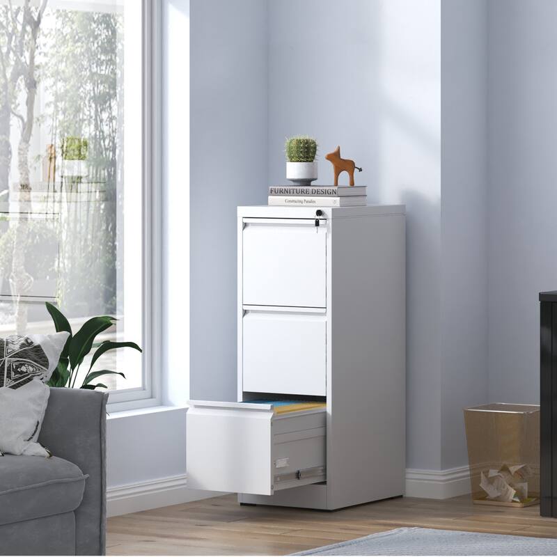 Modern Filing Cabinet Vertical Filing Cabinet with 3 Drawers, Anti-tilt System Design and Lock, for Home Office, White