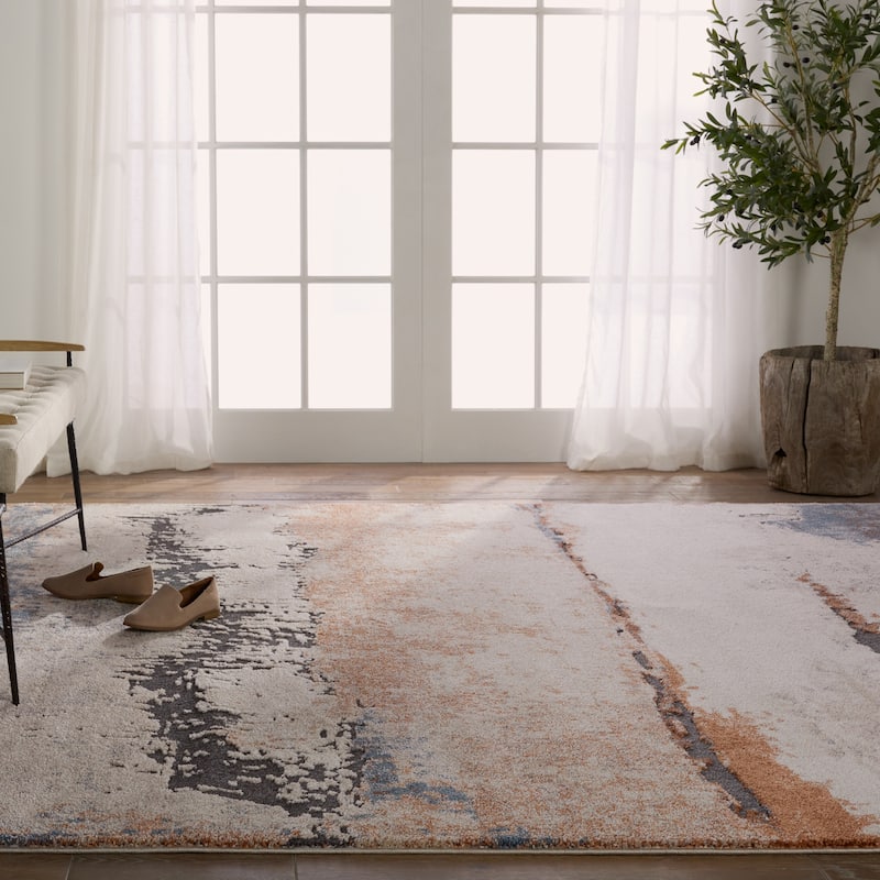 Evander Abstract Tan/ Blue Area Rug