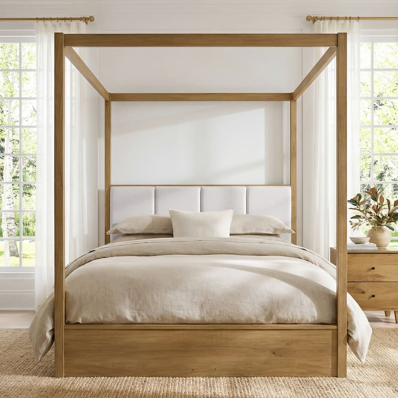 WAMPAT Modern Queen Size Canopy Bed Frame with Upholstered Headboard, Solid Wood 4 Poster Bed, No Box Spring Needed for Bedroom