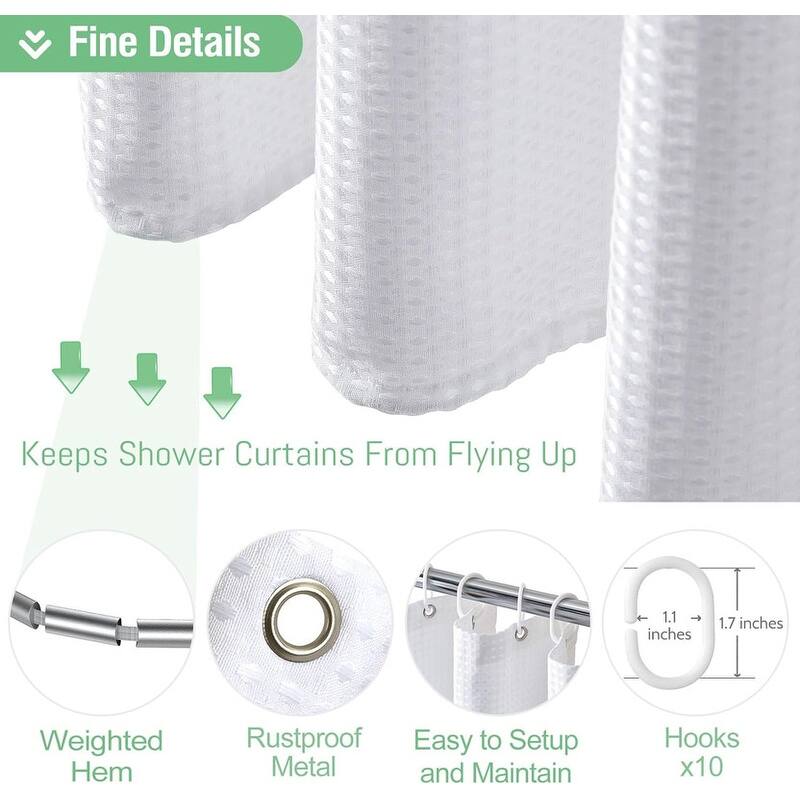 Waffle Textured Heavy Duty Thick Fabric Shower Curtain, Luxury Weighted Polyester Fabric Shower Curtain Set