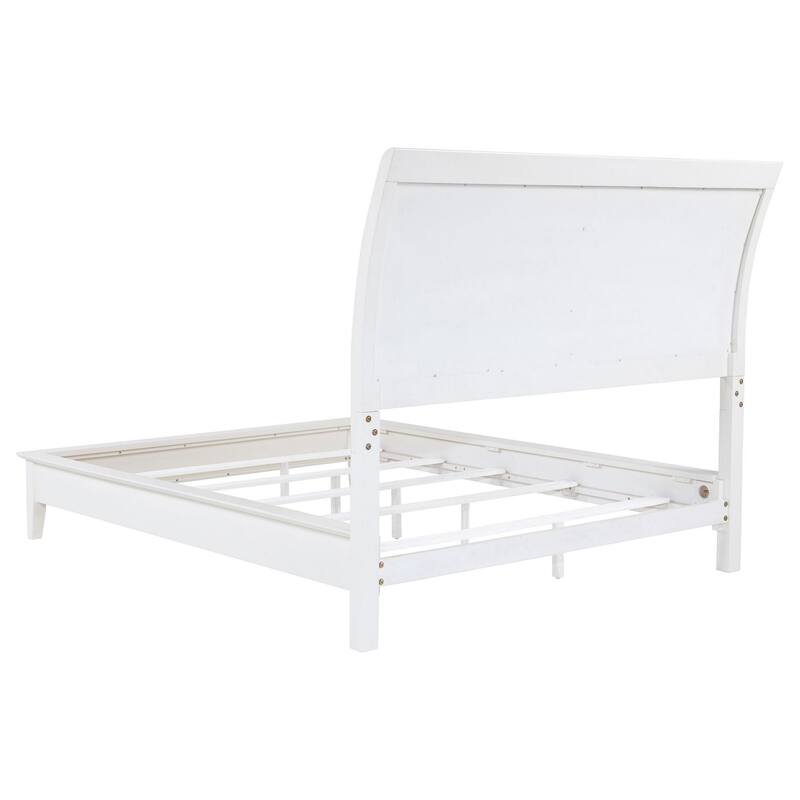 Heo Queen Size Bed, Sleigh Beige Upholstered Headboard, White Wood