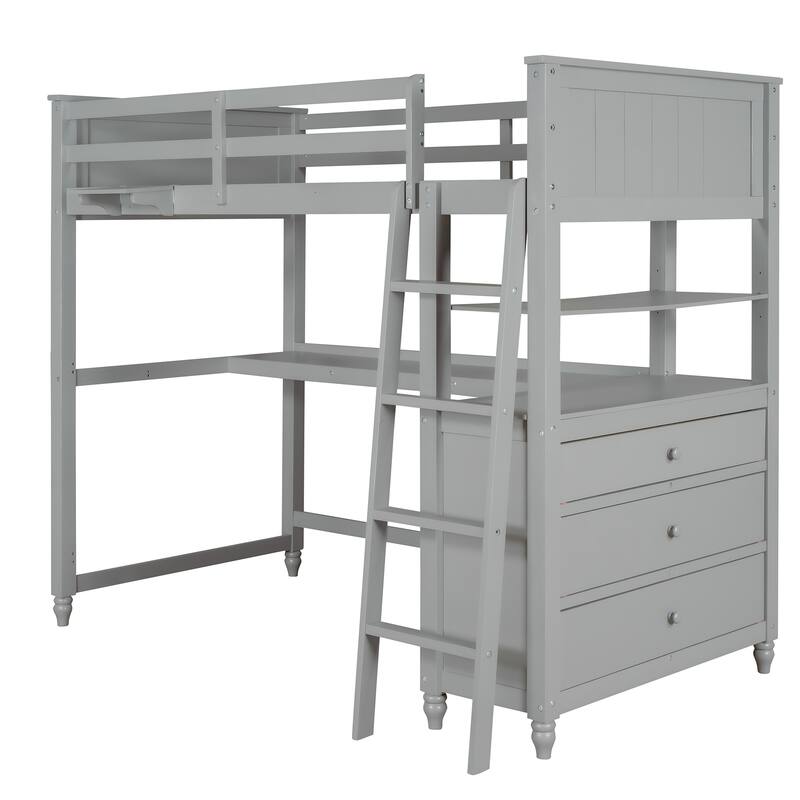 Twin Size Wooden Loft Bed with Desk, Drawers and Shelves, Space Saving Bedroom Loft Storage Bed Frame, Grey