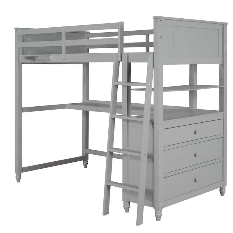 Twin Size Wooden Loft Bed with Drawers, Desk & Shelves