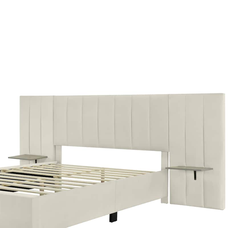 Queen Bed Velvet Upholstered Platform Bed with Big Headboard, Two Sides Storage Shelves, Wooden Bed Frame Slat Support, Beige