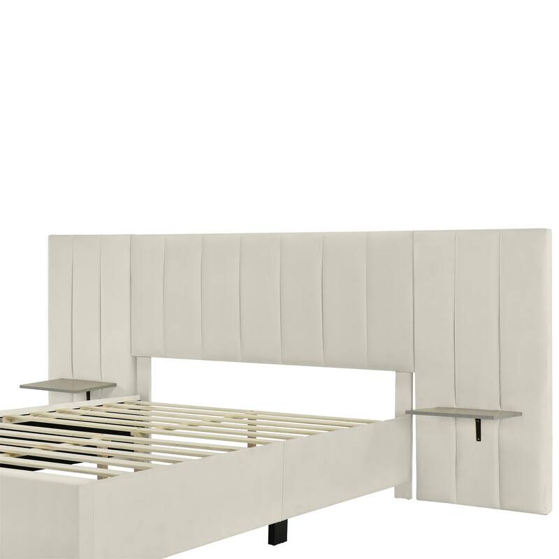 Queen Size Velvet Platform Bed with Large Headboard and Integrated Shelving - Modern and Elegant Bedroom Furniture
