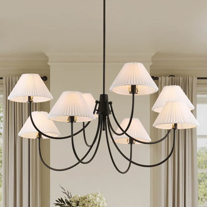 8/5-Light Mid-Century Modern Gold/Black Chandelier with Pleated Fabric Lampshades Hanging Light for Living Room, Dining Room - 8-Light - Black