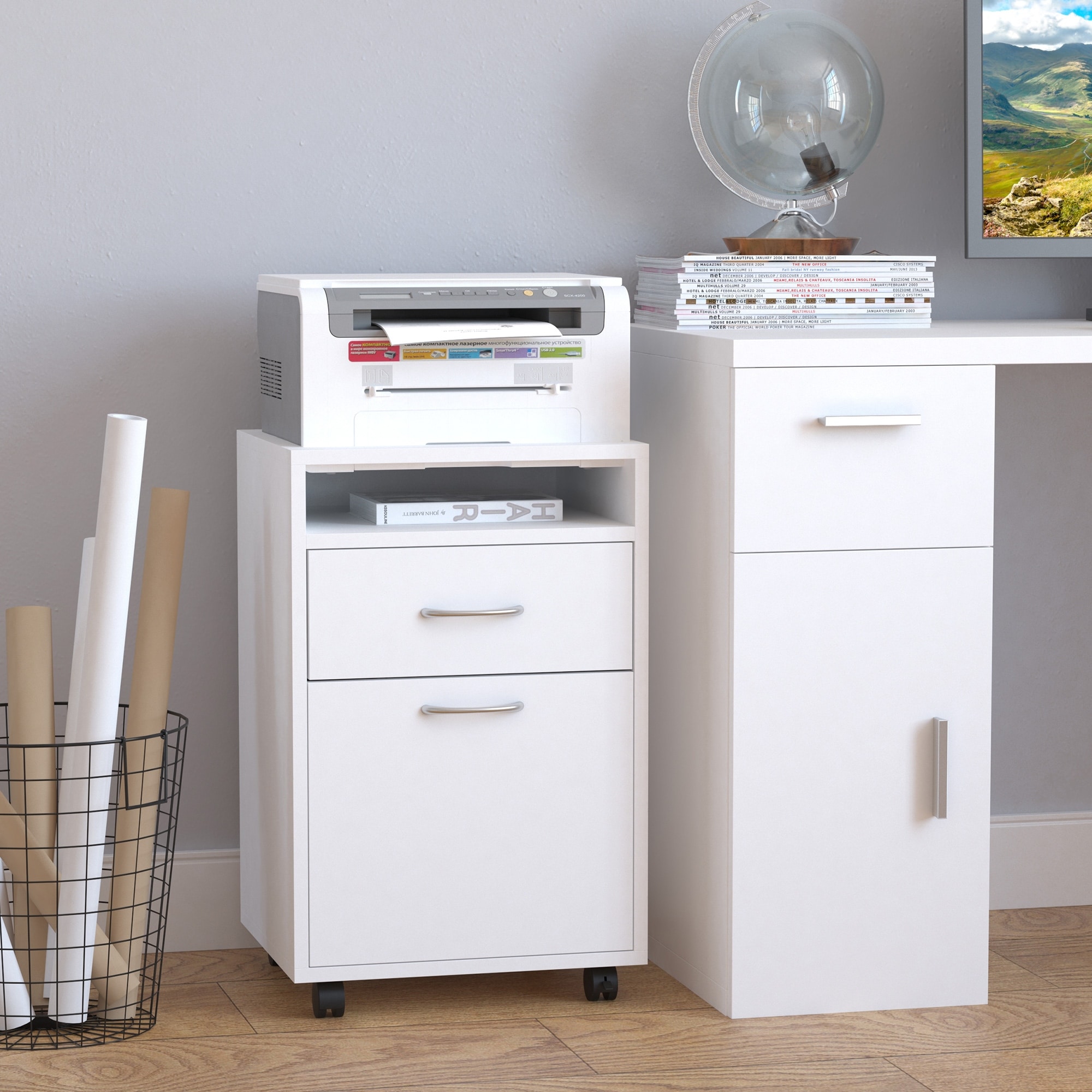 HOMCOM 24" Mobile Printer Cart with 2 Drawers, White