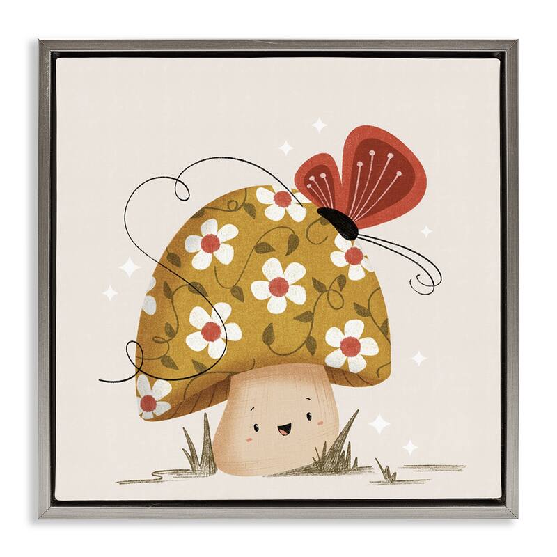Stupell Happy Mushroom & Butterfly Framed Floater Canvas Wall Art Design By Sarah Hickman - 25 x 25 - Grey