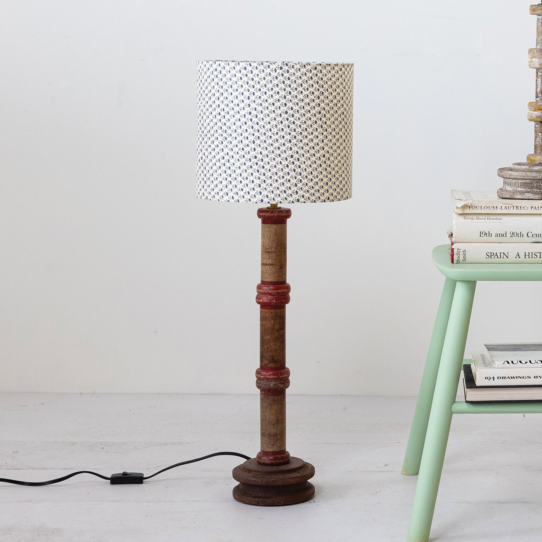 Reclaimed Wood Spool Table Lamp with Printed Cotton Shade 11.0 L x 11.0 W x 28.0 H Natural