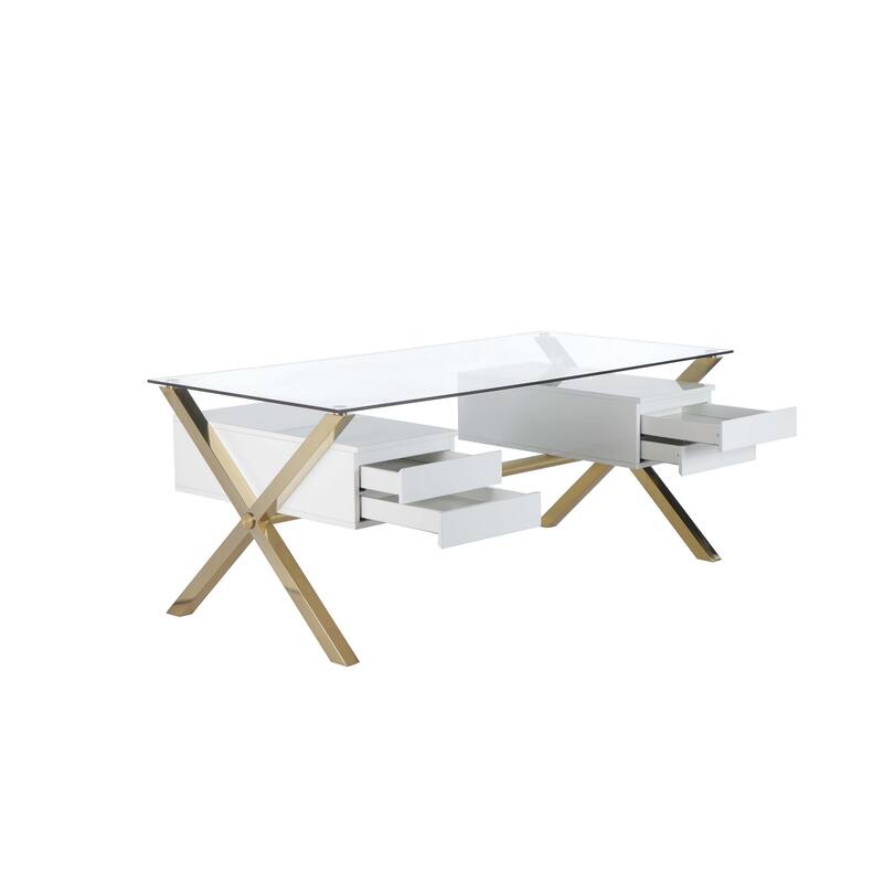 Tia Office Desk, 71 Inch Rectangular Glass, 4 Drawers, White, Gold