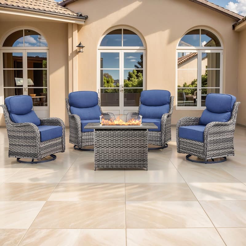 Pocassy Outdoor 6 Inch Sofa Chair Ottoman with Fire Pit Table Set - Grey Wicker Blue Cushion - 5 Pieces Swivel Chair with Fire Table