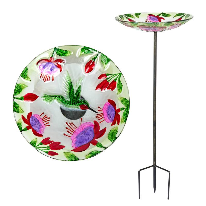 10" Glass Stake Birdbath w/Flowers and Hummingbird