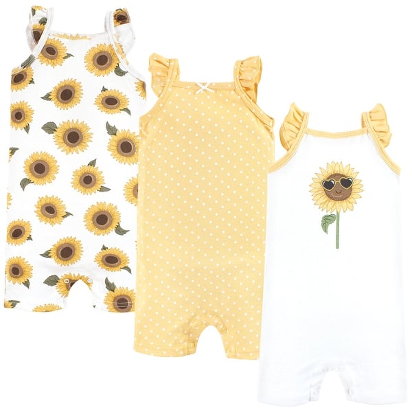 slide 1 of 1, Hudson Baby Infant Girl Cotton Rompers, Sunflower 0 - 3 Months - Yellow
